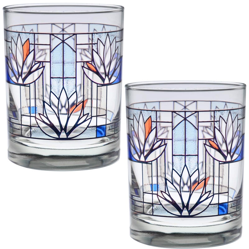 Culver Frank Lloyd Wright DOF Double Old Fashioned Glass 14-Ounce (Gift Boxed Set of 2, Waterlilies) - Image 1